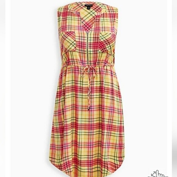 Mini Challis Zip Front Shirt Dress Yellow Fall Plaid Sleeveless Knee Length 3X - Picture 4 of 5